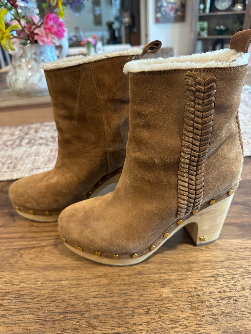 Veronica Beard Suede Shearling Clog Ankle Boots Studded Wood Heel Size 7.5